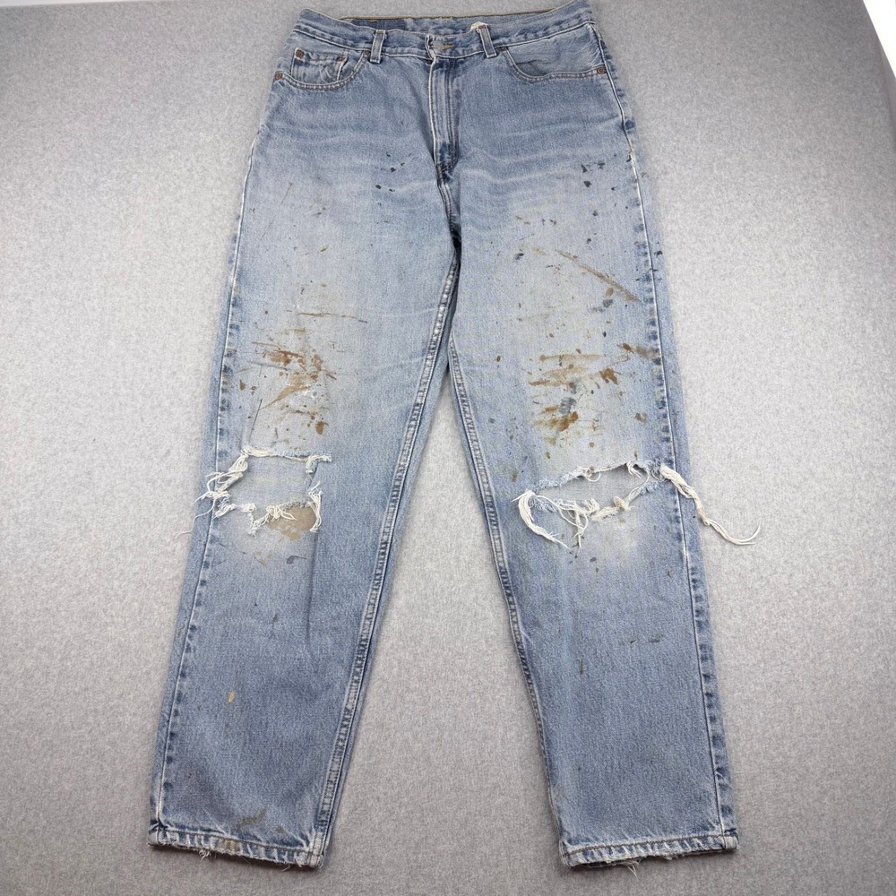 Vintage Levis 560 Loose Fit Straight Leg Jeans Light Wash Thrashed Paint 29x27.5